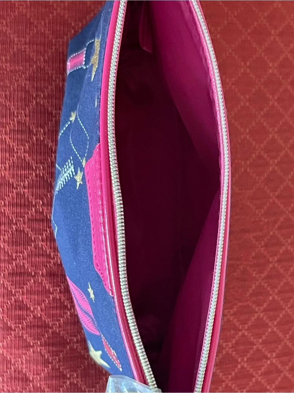 Estee Lauder Navy Cosmetic Pouch with Pink Trim and Yellow Star Print